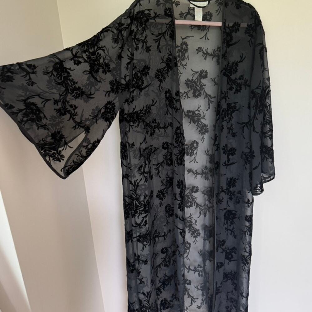 Whimseygoth Black Velvet Burnout Floral Kimono Duster Robe Sheer Size Small Boho